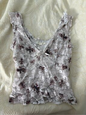 Floral Lace Ruffle Tank Top - Soft Ivory with Dusty Rose